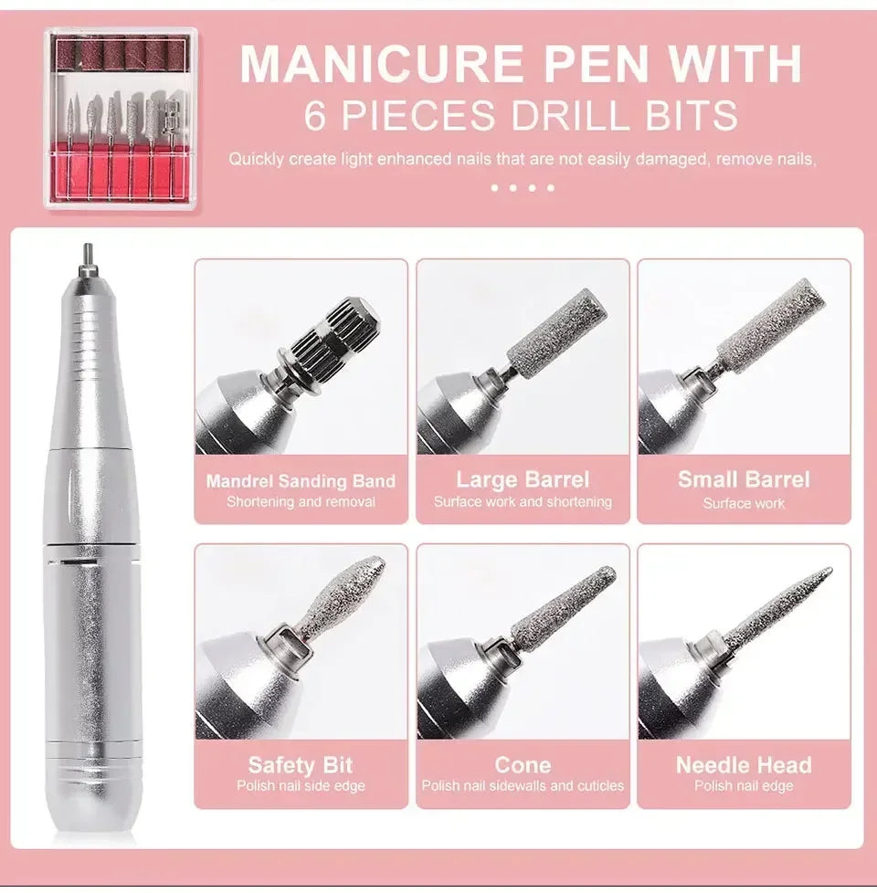 Un stylo à manucure avec six mèches de forage, y compris des bandes de ponçage, des corps, des mèches de sécurité, un cône et