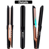 A set of black and rose gold ceramic hair straightening irons shown in detail.