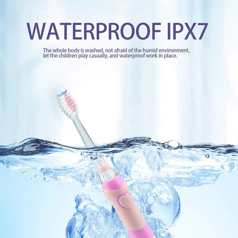 A pink electric toothbrush is shown submerged underwater, emphasizing its waterproof IPX7 rating.