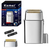 A silver electric shaver with a gold foil head and accessories is shown next to its packaging.