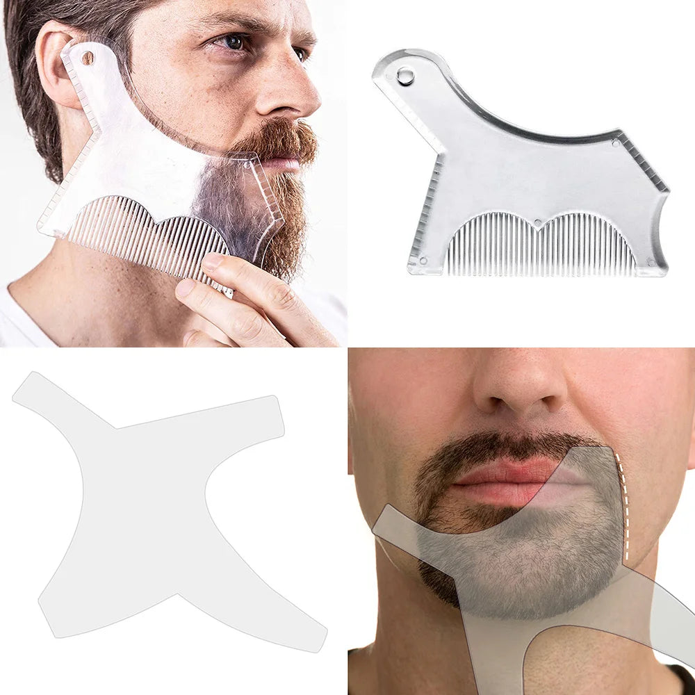 A professional beard shaping tool kit showing various silicone molds and a finished beard shape.