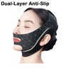 A woman is wearing a black dual-layer anti-slip face mask designed for jawline lifting.
