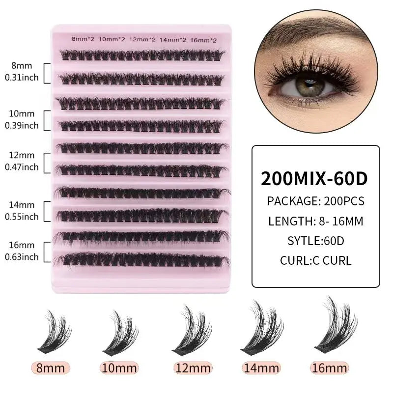 A pink plastic case displaying various lengths of black eyelash extensions, from 8mm to 16mm.