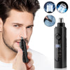 A man is using a portable electric nose and ear hair trimmer, shown alongside various attachments.