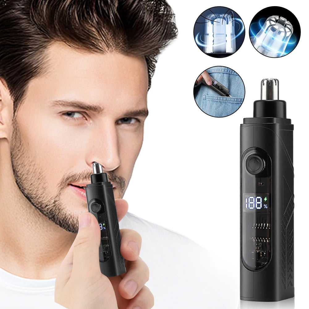 A man is using a portable electric nose and ear hair trimmer, shown alongside various attachments.
