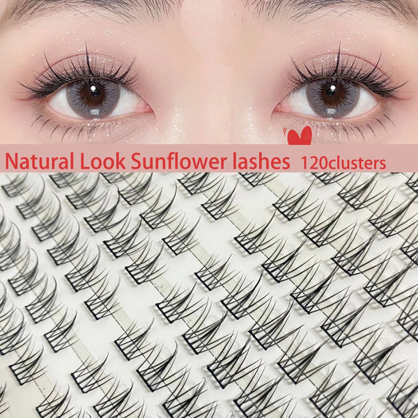 Close-up of a woman's eyes showing natural look sunflower lashes clusters