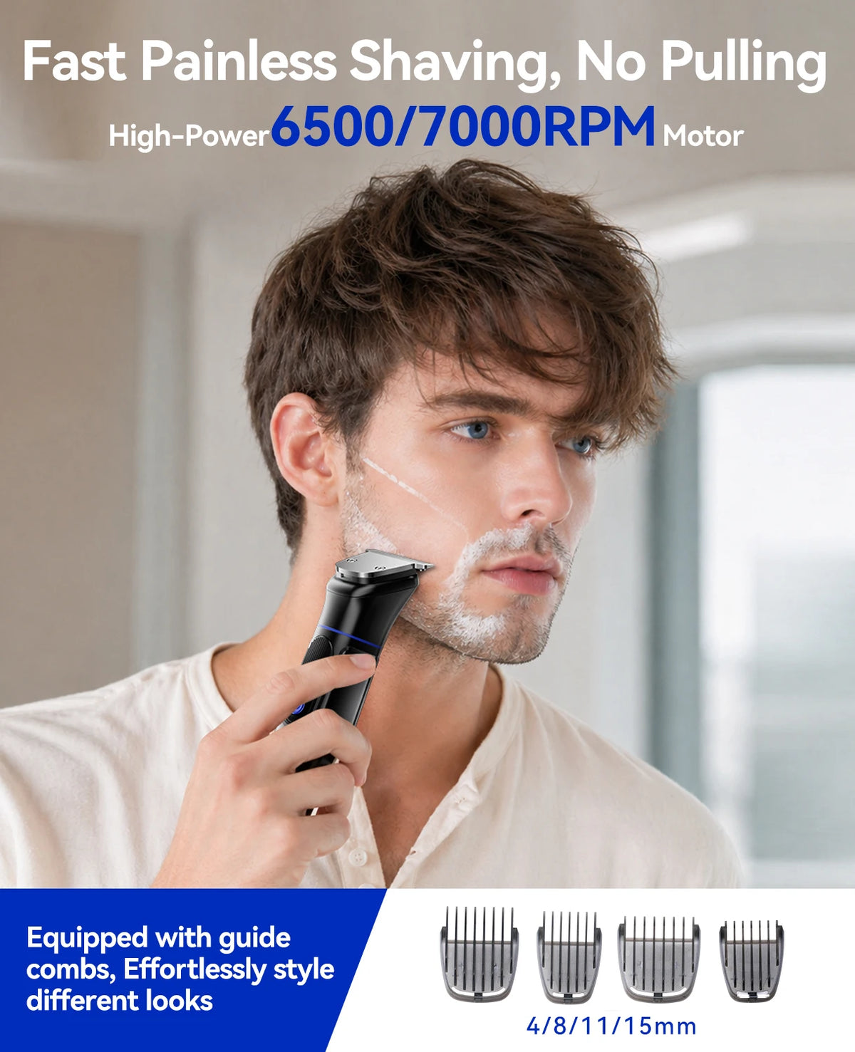 A man is using a black electric shaver on his face, demonstrating fast painless shaving.