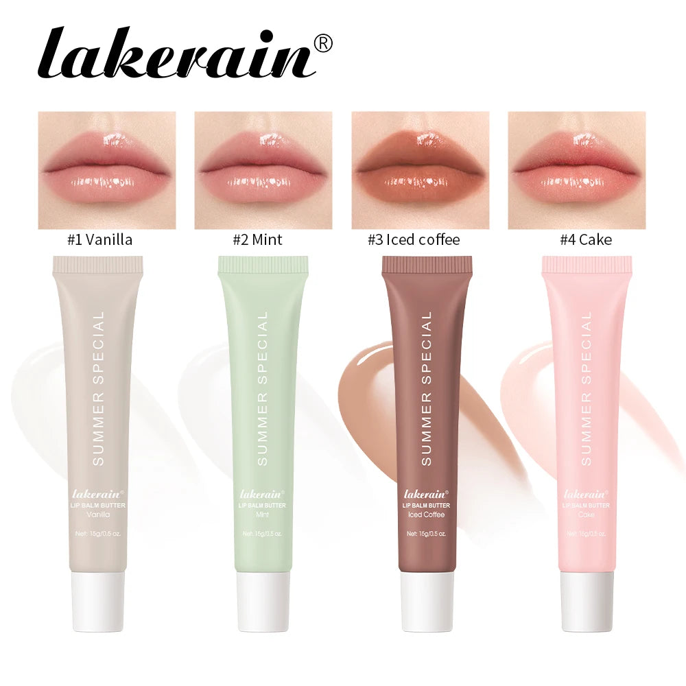 A set of four Lakerain summer lip balms in Vanilla, Mint, Iced Coffee, and Cake flavors shown in tubes.