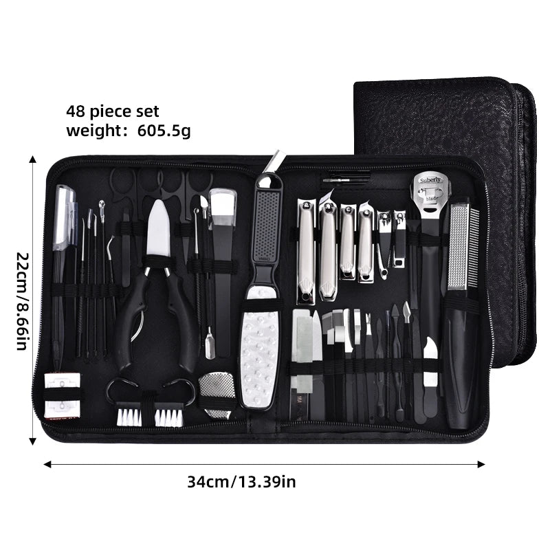 A black professional stainless steel nail care kit set for manicure and pedicure tools.