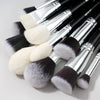 A collection of 30 professional makeup brushes with silver handles and various colored bristles.