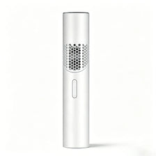 A white mini handheld cooling fan with a perforated grille and a button.
