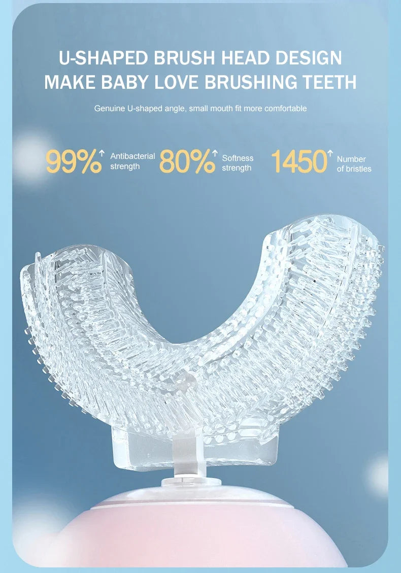 Close-up view of a clear U-shaped brush head design for baby teeth brushing