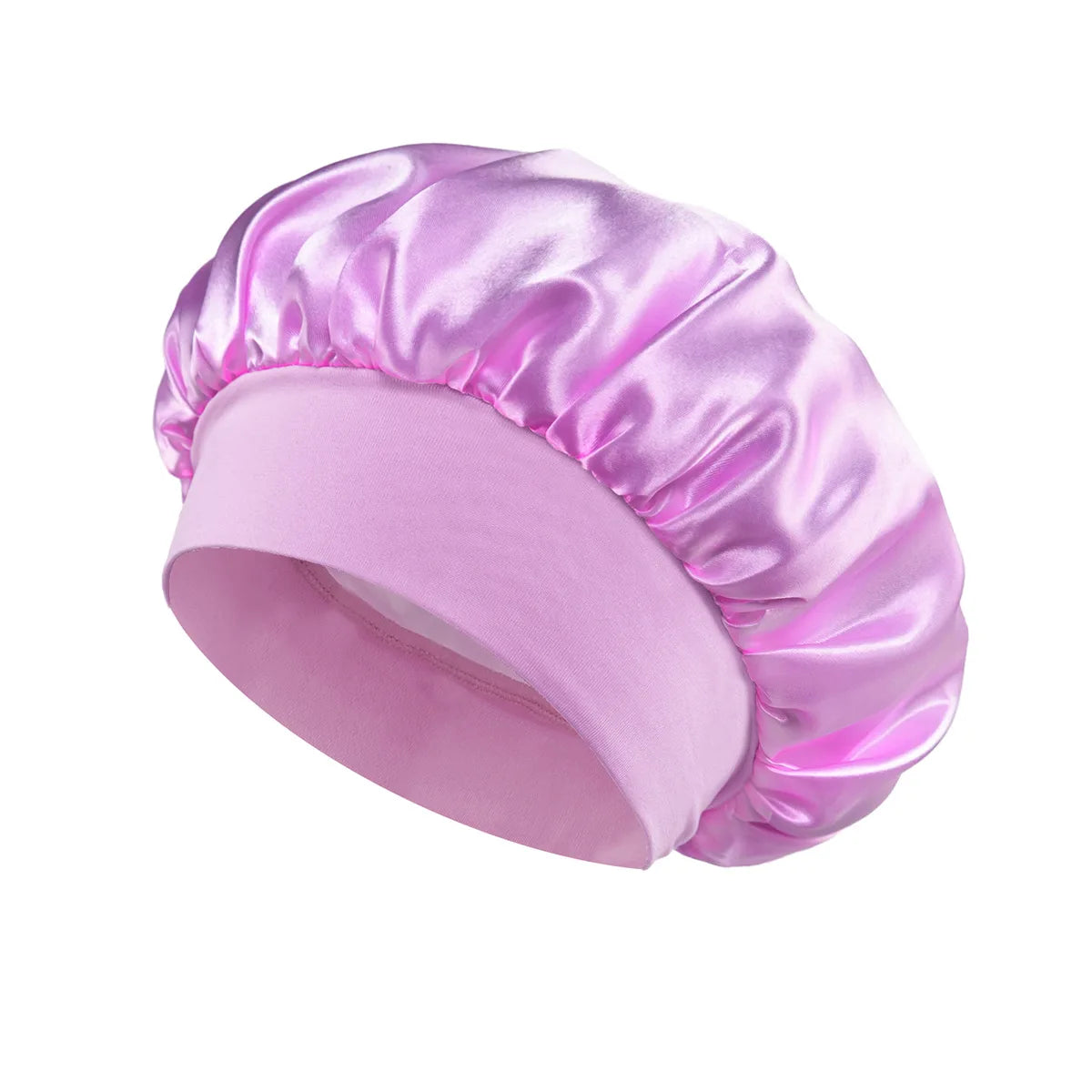 Ein helllila Satin-Haube wird von der Seite gezeigt.