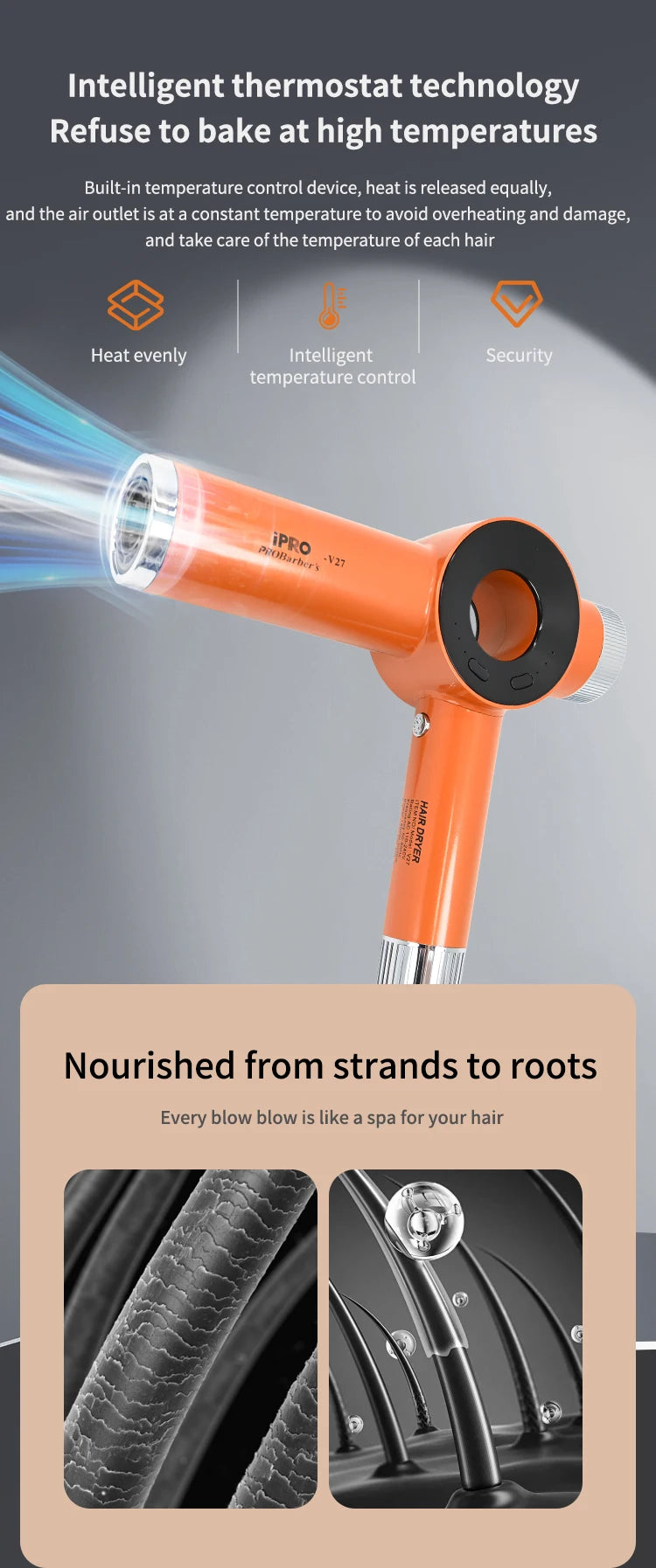 Orange professional salon hair dryer with a nozzle, demonstrating intelligent temperature control technology.