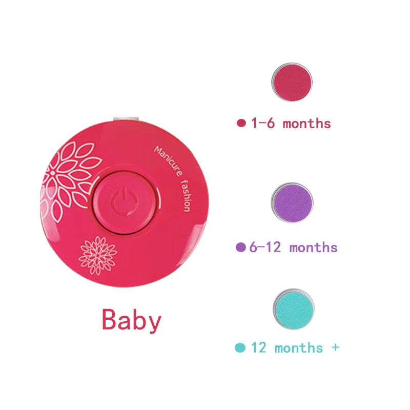 A pink electric baby nail trimmer with color-coded indicators for different age groups.