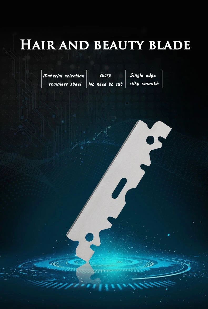 A close-up view of a silver single-edge razor blade resting on a glowing blue surface.