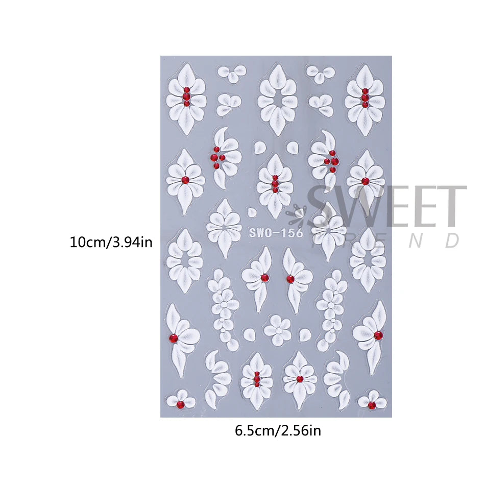 A sheet of white embossed floral nail stickers featuring various flower designs.