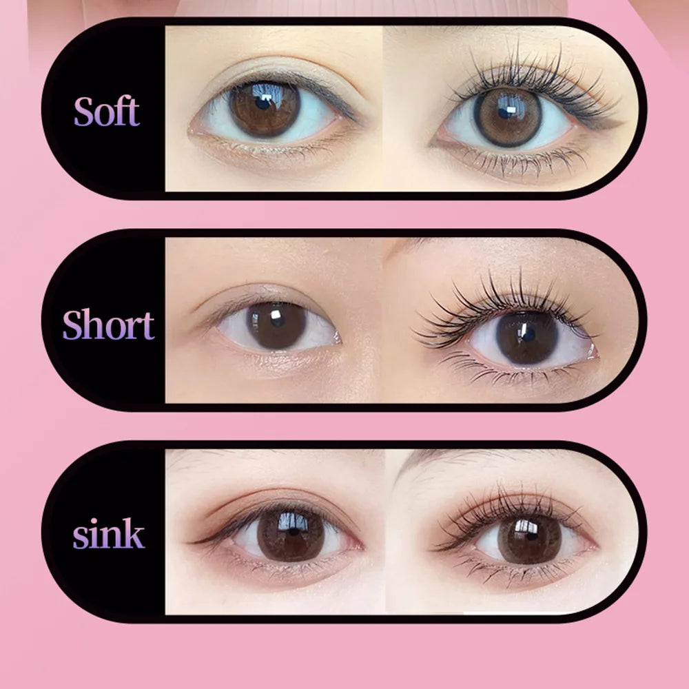 Three examples of eyelash curling techniques: Soft, Short, and sink.