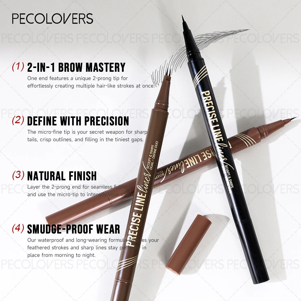 A set of double-ended waterproof eyebrow pencils in brown and black, demonstrating various application techniques.