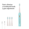 A light blue ultrasonic electric toothbrush with four brush heads and a gear adjustment feature is shown next to replacement 