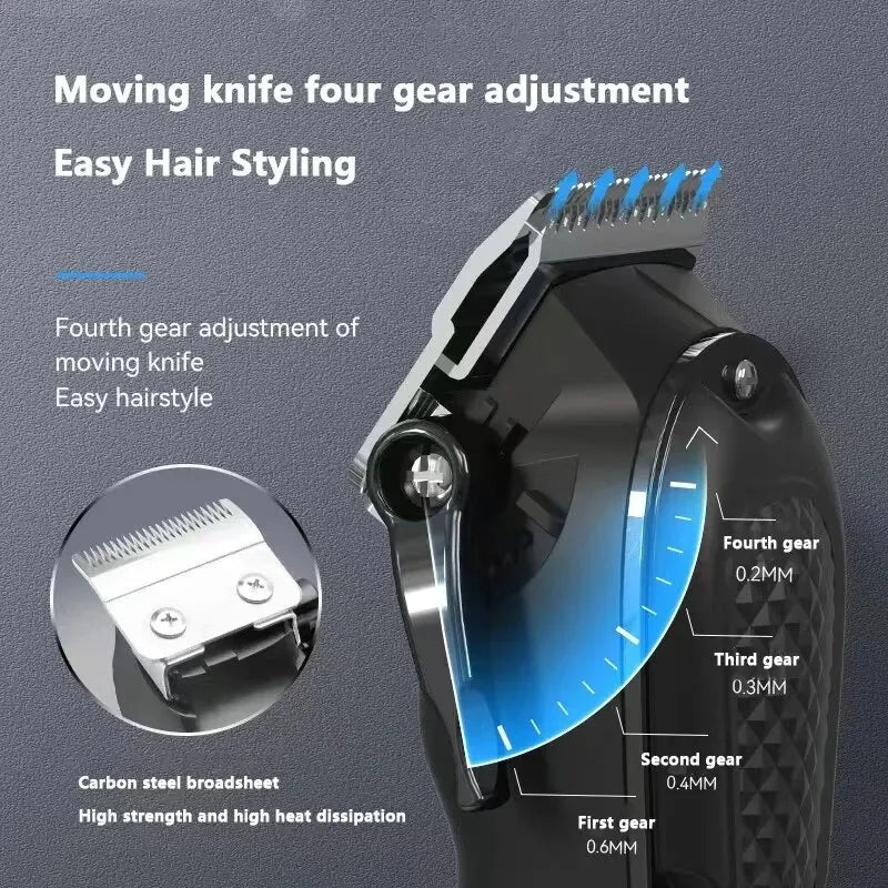 Close-up view of a moving knife hair clipper showing four gear adjustments for easy hair styling