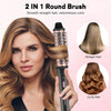 A woman is using a 2 in 1 round brush electric hair curling comb to style straight or voluminous curls.