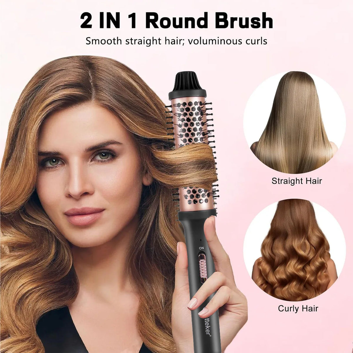 A woman is using a 2 in 1 round brush electric hair curling comb to style straight or voluminous curls.
