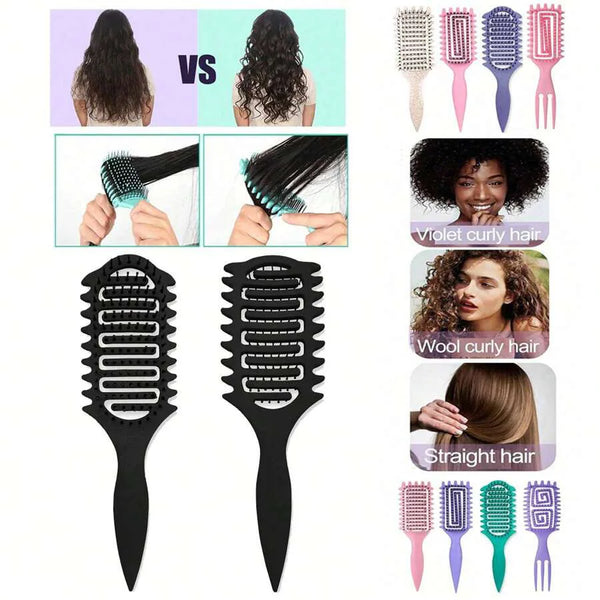 A comparison of a curl defining styling comb and various hair styling tools including a wide-tooth comb and different sized h