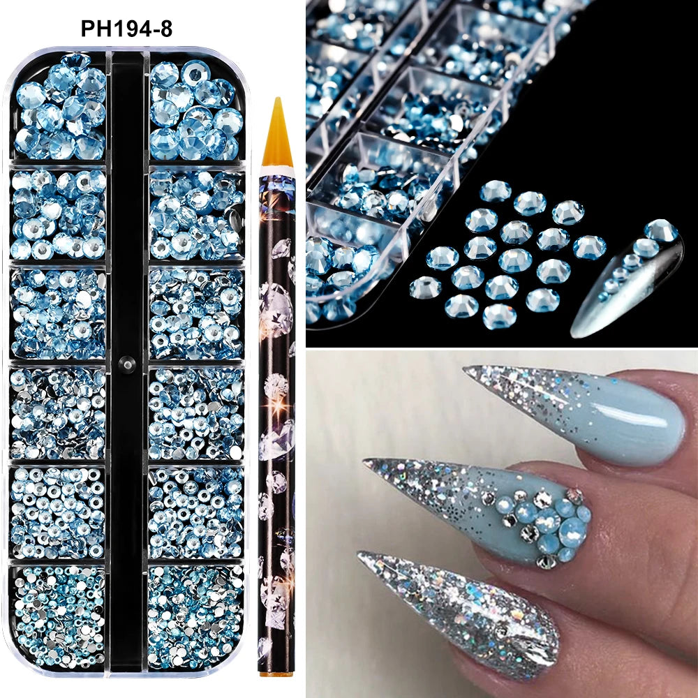 Un set de perles et outils pour l'art des ongles en résine, avec des cristaux bleus et iridescents pour la décoration de manu