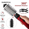 A red hot air brush with black bristles is shown, demonstrating 360 degree automatic rotation and heat/cool settings.