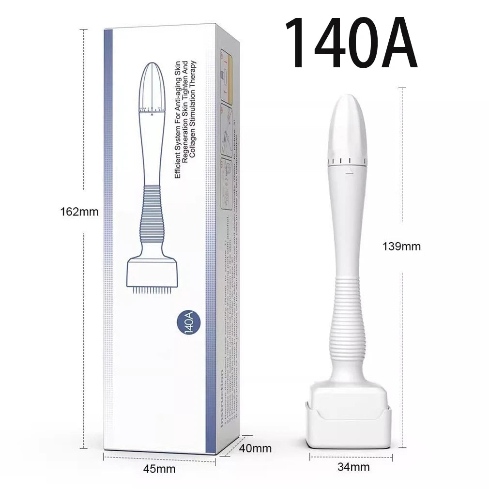 A white professional adjustable microneedling stamp roller with various sizes shown next to its packaging.
