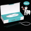 A box of 50 professional dental floss threaders for braces and implants, including a flosser tool and a model of a tooth.