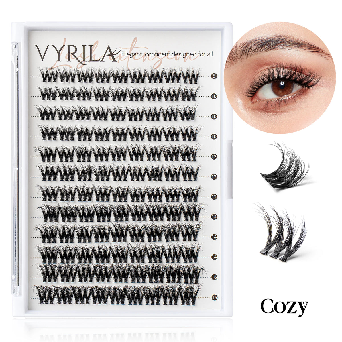 A display of ultra-fine 0.05mm wispy eyelash clusters for eye lash extensions.
