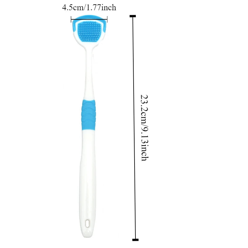 A white reusable stainless steel tongue scraper with a blue silicone head, shown against a vertical measurement scale.