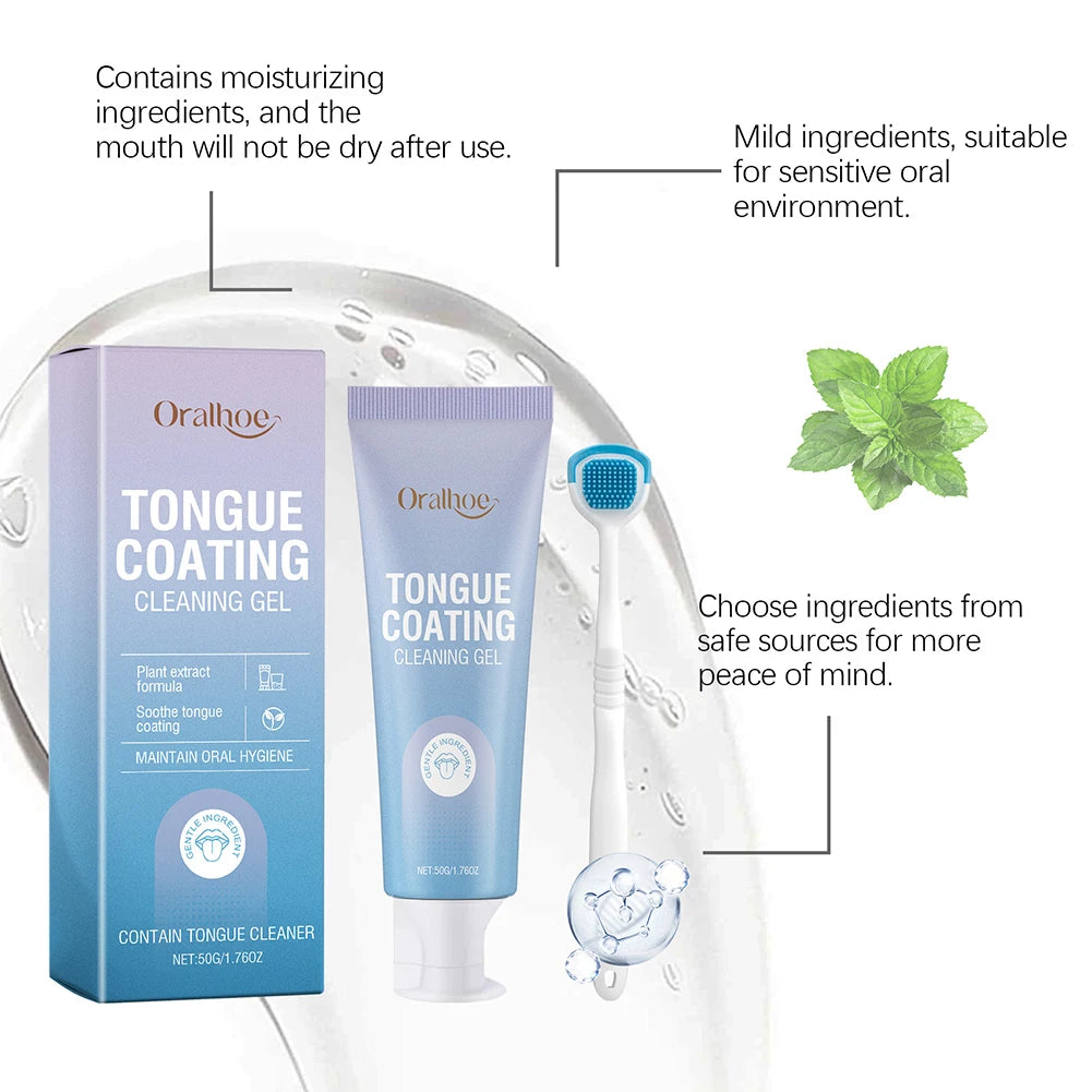 Oralhoo tongue coating cleaning gel and scraper set shown with product benefits and ingredients.