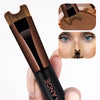 A close-up of a black double-ended contouring makeup brush with wooden bristles, shown next to a swatch and a detailed view o