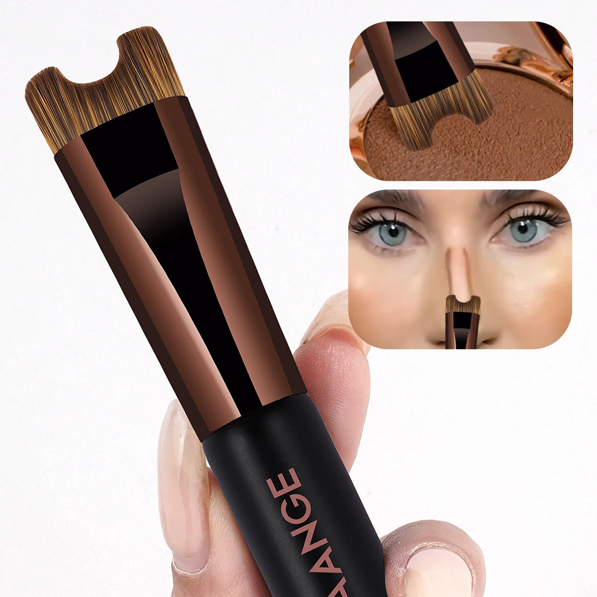 A close-up of a black double-ended contouring makeup brush with wooden bristles, shown next to a swatch and a detailed view o