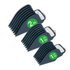 A set of precision cutting guides for hair clippers, showing sizes 1/4 inch, 1 inch, and 2 inches.