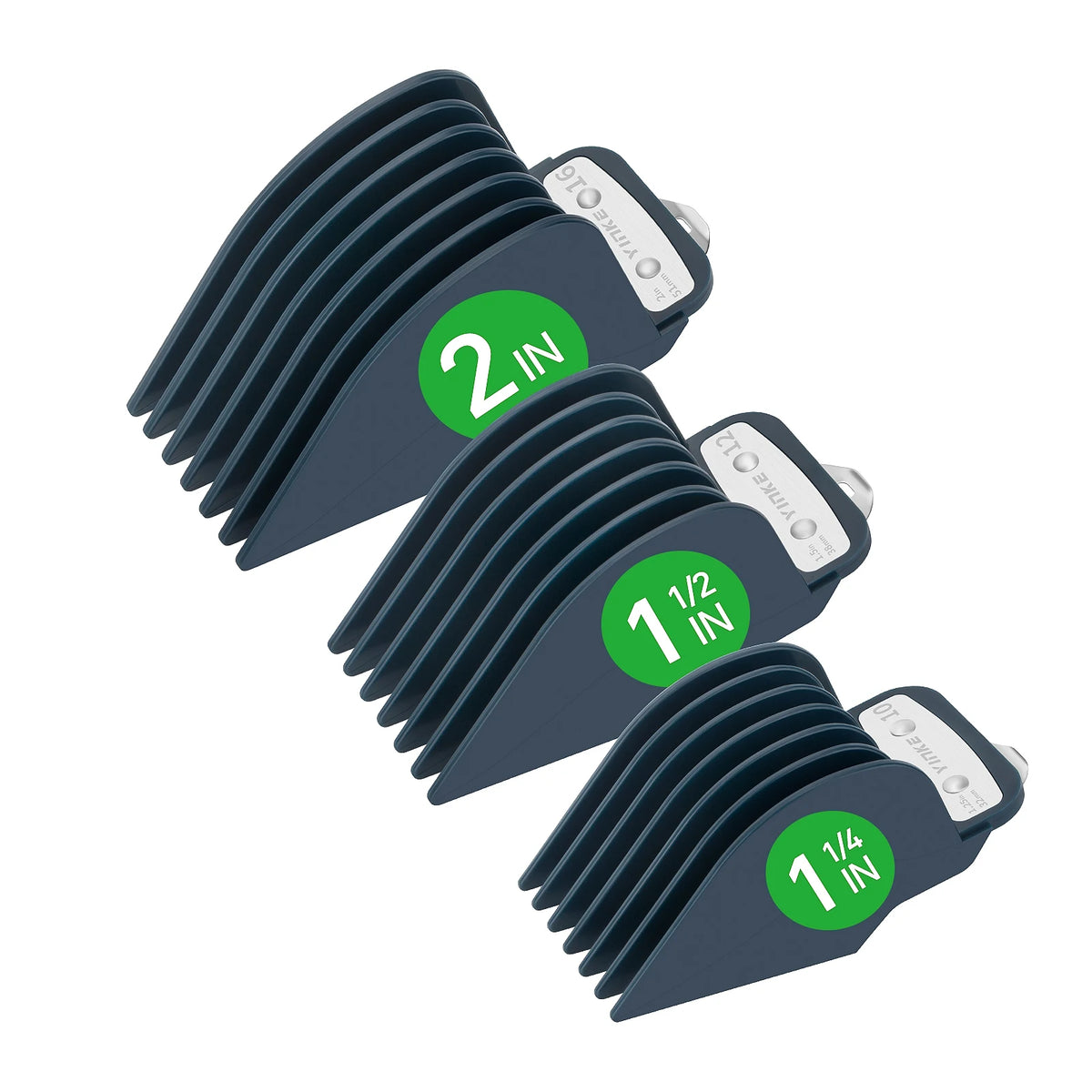 A set of precision cutting guides for hair clippers, showing sizes 1/4 inch, 1 inch, and 2 inches.