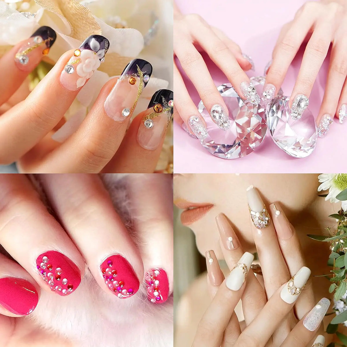 Mains affichant divers designs de nail art avec strass et paillettes sur les ongles manucurés.