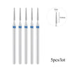 Five silver diamond nail drill bits with blue accents shown next to a 1mm scale.