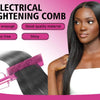 A woman with long black hair is shown next to an electric straightening comb and styling iron.