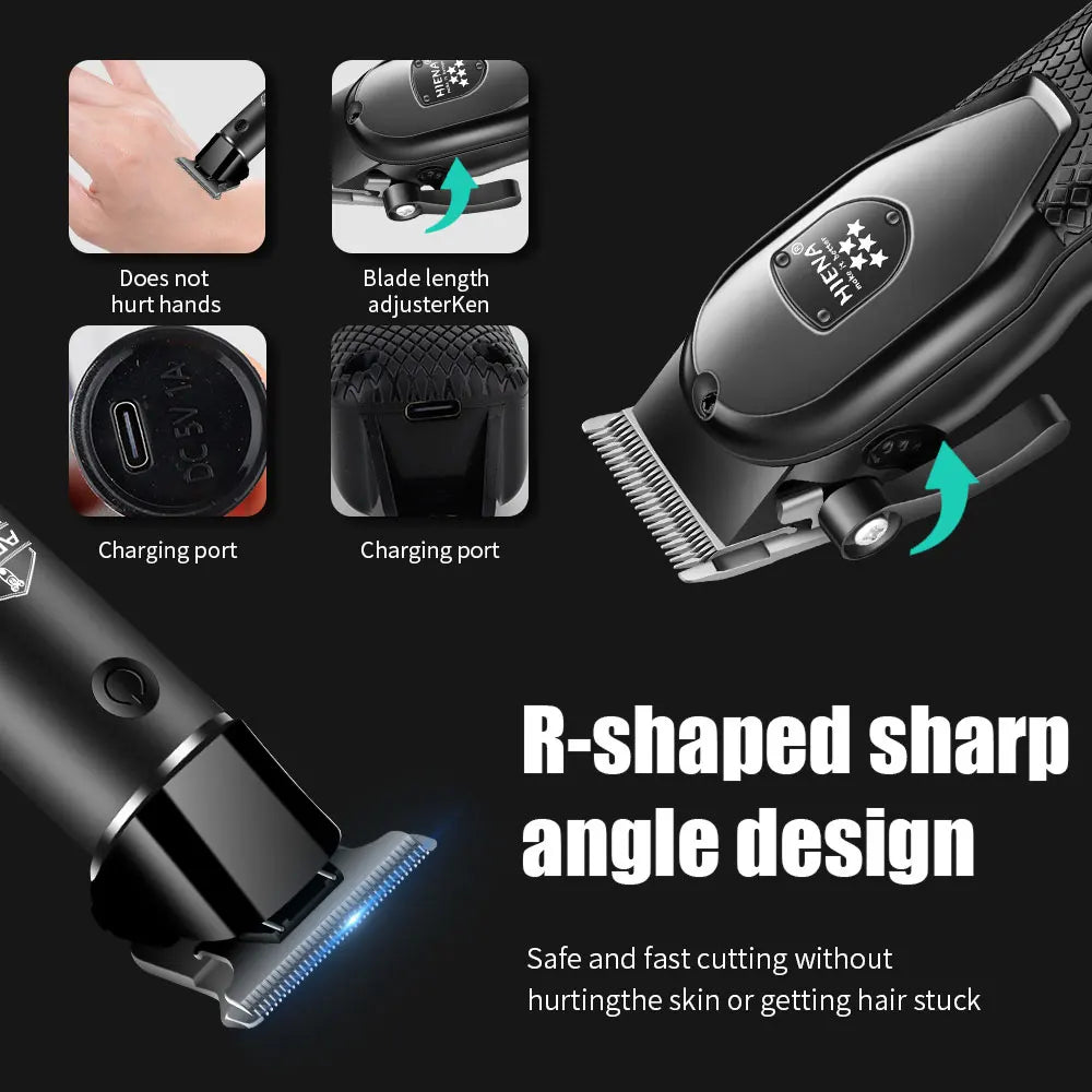 A professional electric hair trimmer kit showing various components and an R-shaped sharp angle design for safe cutting.