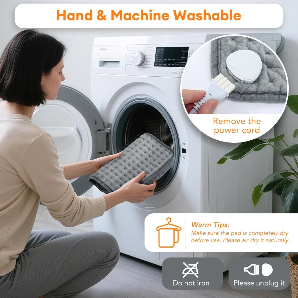 A person removes the power cord from an adjustable electric heating pad before using it in a washing machine context.