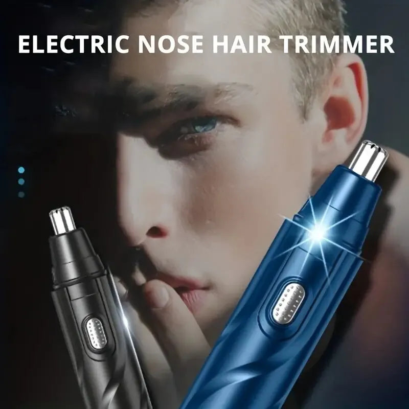 A close-up of a blue electric nose hair trimmer being held near a man's face for grooming.