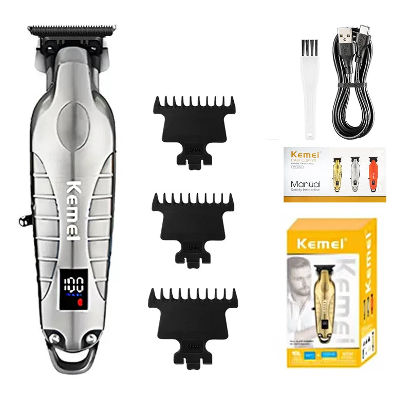 A silver professional rechargeable electric hair clipper trimmer with various attachments and packaging.