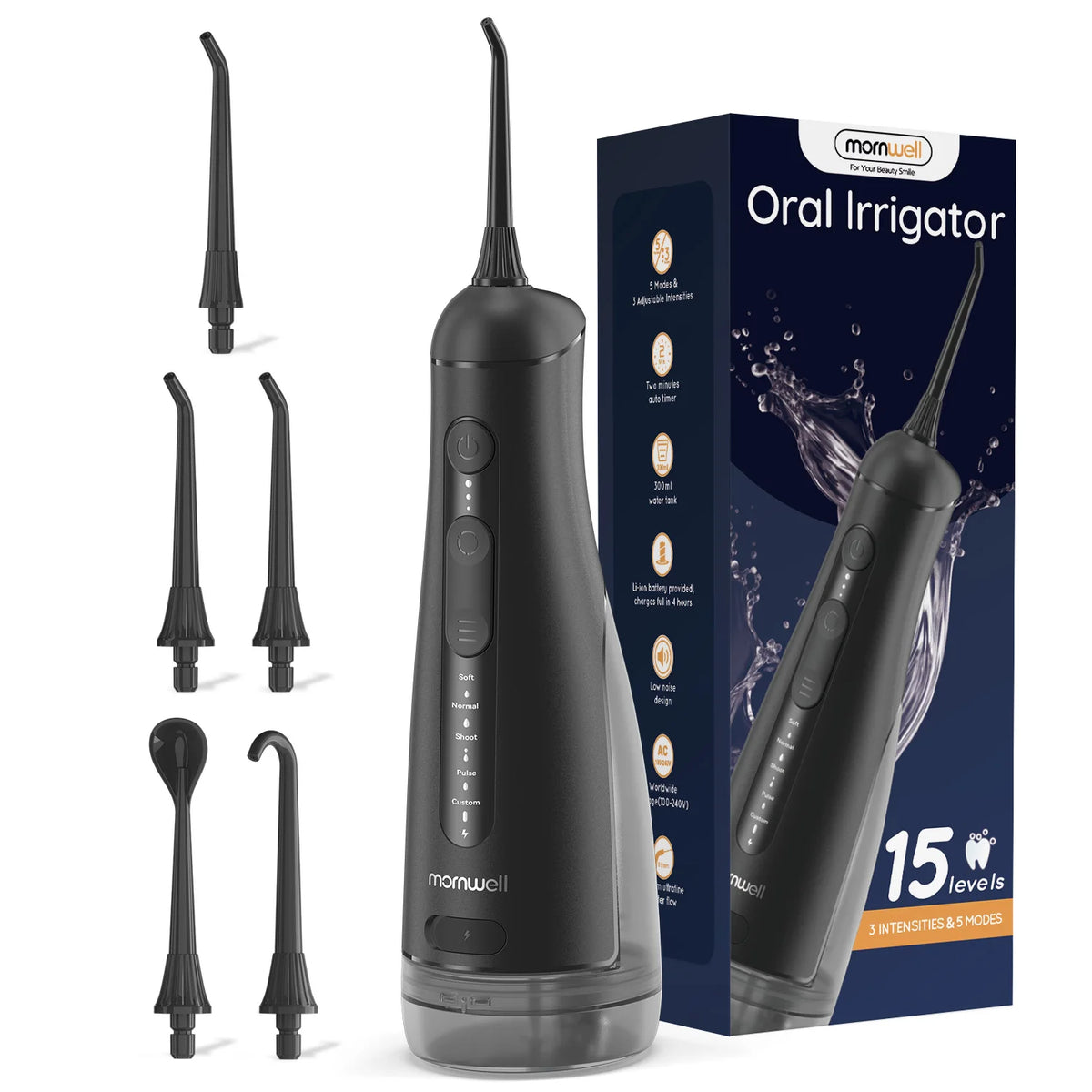 A black 5-in-1 electric oral irrigator device shown with various tips and a box.