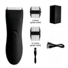 A black professional body and personal hair trimmer with multiple guide combs and a power cord.