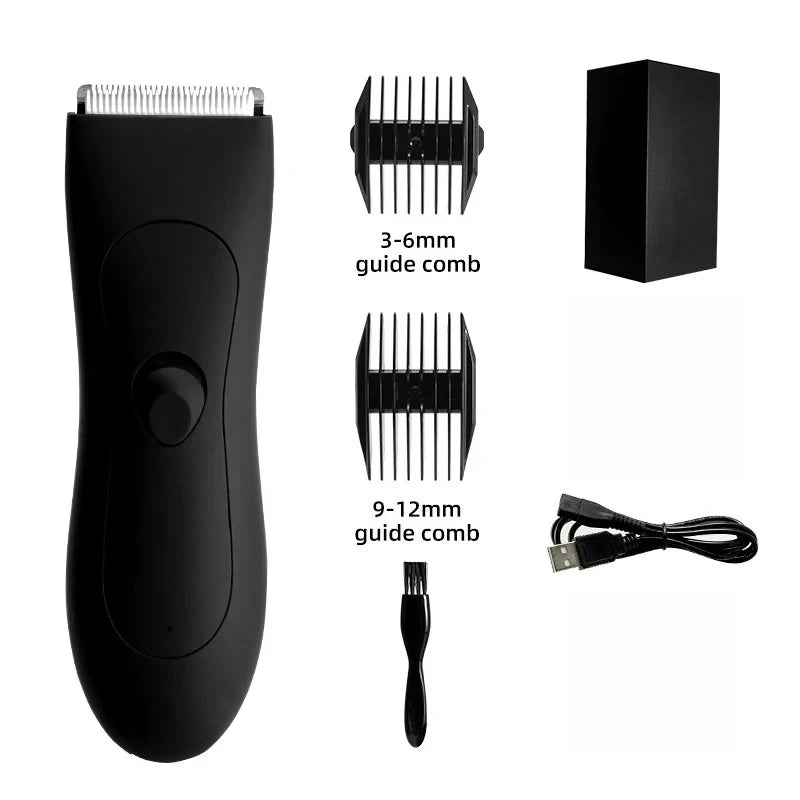 A black professional body and personal hair trimmer with multiple guide combs and a power cord.