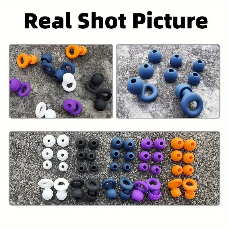 Collection de bouchons d'oreille en silicone colorés dans différentes nuances, orange, bleu, violet et noir.